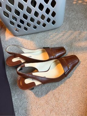 Ann Taylor Brown Leather Slingback Pumps with Square Toe